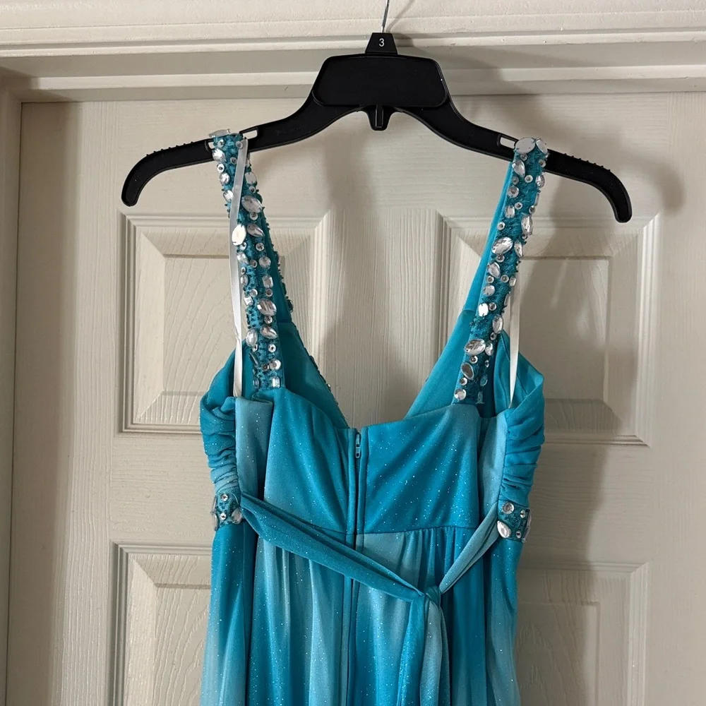 Jodi Kristopher Turquoise Beaded Halter Prom Gown - Picture 5 of 7